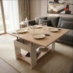Mesa Ratona Elevable y Extensible en paraíso natural combinado con melamina blanca